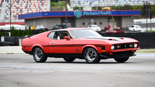 Heritage Drive Red heritage Ford Mustang on the heritage drive at Charlotte Motor Speedway.